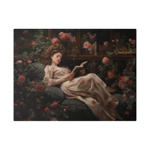 a Victorian beautiful girl reading book sitting in calm, with flowers all around Matte Canvas, Stretched
